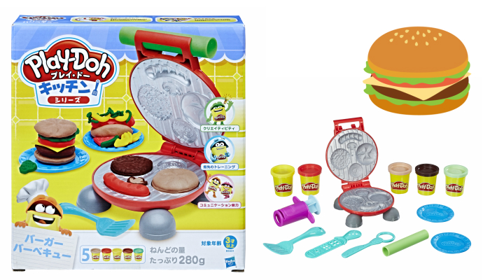 プレゼント！こむぎねんどで本格的なハンバーガー屋さん遊び♪「プレイ・ドー　キッチンシリーズ　バーガーバーベキュー」と「プレイ・ドーシングル缶4色セット」